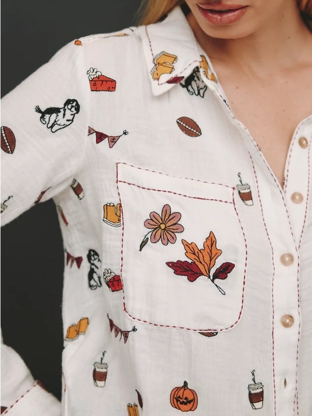 ANTHROPOLOGIE X PILCRO Fall Embroidered Icon Button-down shirt, Size M